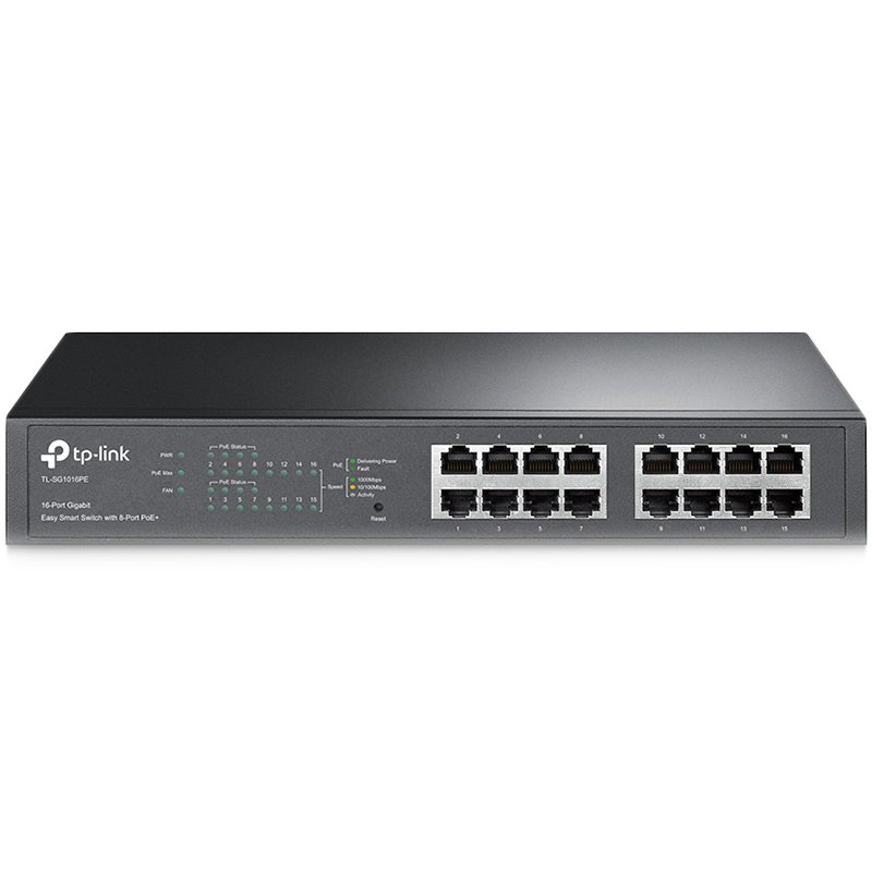 TP-Link TL-SG1016PE 16-Port Gigabit Desktop/Rackmount PoE+ Easy Smart Switch, 16 Gigabit RJ45 ports including 8 PoE+ ports, 110W PoE Power supply, PoE Management, MTU/Port/Tag-based VLAN, QoS, IGMP Snooping, Steel case, Green Ethernet TP-Link TL-SG1016PE 16-Port Gigabit Desktop/Rackmount PoE+ Easy Smart Switch, 16 Gigabit RJ45 ports including 8 PoE+ ports, 110W PoE Power supply, PoE Management, MTU/Port/Tag-based VLAN, QoS, IGMP Snooping, Steel case, Green Ethernet - Image 1