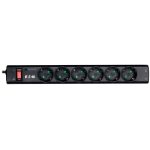 Eaton Protection Strip 6 DIN, 10A, 2500W; Input: Schuko, Outputs: (6) Schuko; Power Cord Lenght 1m; Over voltage protection; On/Off switch; LED indication; 2yr warranty