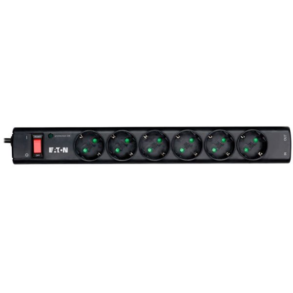 Eaton Protection Strip 6 DIN, 10A, 2500W; Input: Schuko, Outputs: (6) Schuko; Power Cord Lenght 1m; Over voltage protection…