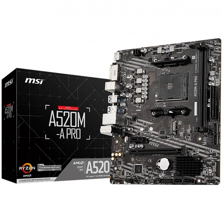 MSI Main Board Desktop A520M-A PRO (A520, AM4, 2xDDR4, 1x PCI-E 3.0 x16 slot,1x M.2 slot,4x USB 3.2 Gen1,2x USB 2.0,1x HDMI,1x DVI-D,Gigabit LAN,7.1 HD Audio, mATX, Retail) MSI Main Board Desktop A520M-A PRO (A520, AM4, 2xDDR4, 1x PCI-E 3.0 x16 slot,1x M.2 slot,4x USB 3.2 Gen1,2x USB 2.0,1x HDMI,1x DVI-D,Gigabit LAN,7.1 HD Audio, mATX, Retail) - Image 1