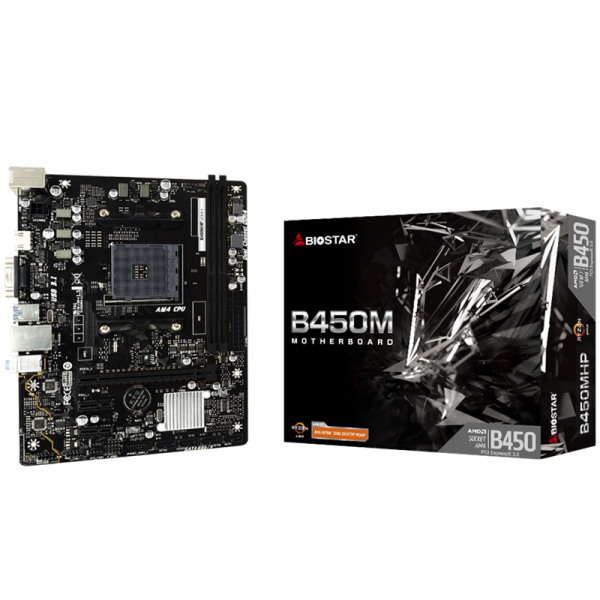BIOSTAR MB B450 AM4 2 x DDR4 4 x SATA II 1 x VGA Port 1 x HDMI Port 1 x LAN port Micro ATX