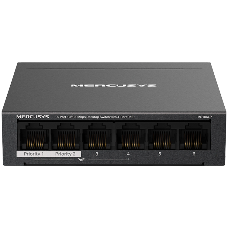 Mercusys MS106LP 6-Port 10/100 Mbps Desktop Switch with 4-Port PoE+, Compatible with 802.3af/at PDs, 40 W PoE Power, Desktop Steel Case, Wall Mounting, Extend Mode for 250m PoE Transmitting, Priority Port1-2, Isolation Mode, PoE Auto Recovery Mercusys MS106LP 6-Port 10/100 Mbps Desktop Switch with 4-Port PoE+, Compatible with 802.3af/at PDs, 40 W PoE Power, Desktop Steel Case, Wall Mounting, Extend Mode for 250m PoE Transmitting, Priority Port1-2, Isolation Mode, PoE Auto Recovery - Image 1