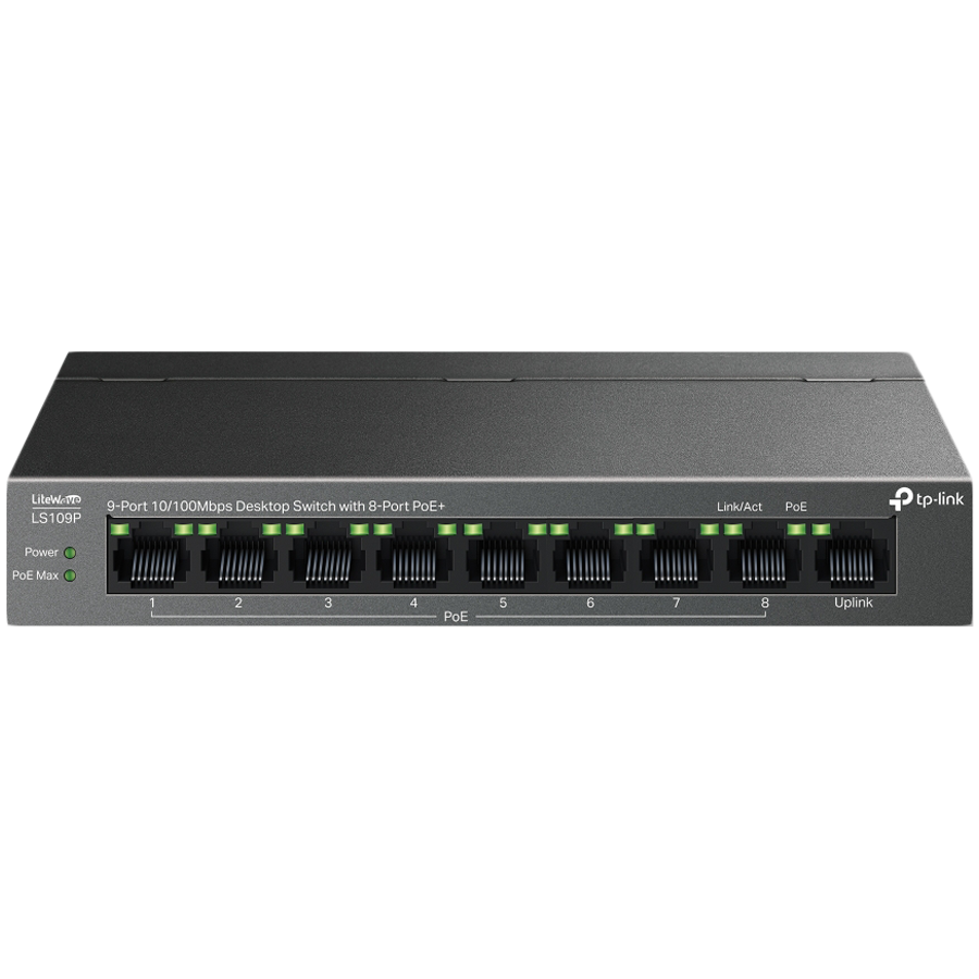 TP-Link LS109P 9-Port 10/100 Mbps Desktop Switch with 8-Port PoE+, 8× 10/100 Mbps PoE+ Ports, 1× 10/100 Mbps Non-PoE Port, 802.3at/af, 63 W PoE Power, Desktop Steel Case, Extend Mode for 250m PoE Transmitting, Isolation Mode, PoE Auto Recovery TP-Link LS109P 9-Port 10/100 Mbps Desktop Switch with 8-Port PoE+, 8× 10/100 Mbps PoE+ Ports, 1× 10/100 Mbps Non-PoE Port, 802.3at/af, 63 W PoE Power, Desktop Steel Case, Extend Mode for 250m PoE Transmitting, Isolation Mode, PoE Auto Recovery - Image 1