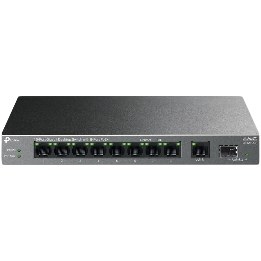 TP-Link LS1210GP 10-Port Gigabit Desktop Switch with 8-Port PoE+, 8× Gigabit PoE+ Ports, 1x Gigabit Non-PoE Port, 1× Gigabit SFP Slot, 61 W PoE Power, Desktop Steel Case, Extend Mode for 250m PoE Transmitting, Isolation Mode, PoE Auto Recovery TP-Link LS1210GP 10-Port Gigabit Desktop Switch with 8-Port PoE+, 8× Gigabit PoE+ Ports, 1x Gigabit Non-PoE Port, 1× Gigabit SFP Slot, 61 W PoE Power, Desktop Steel Case, Extend Mode for 250m PoE Transmitting, Isolation Mode, PoE Auto Recovery - Image 1