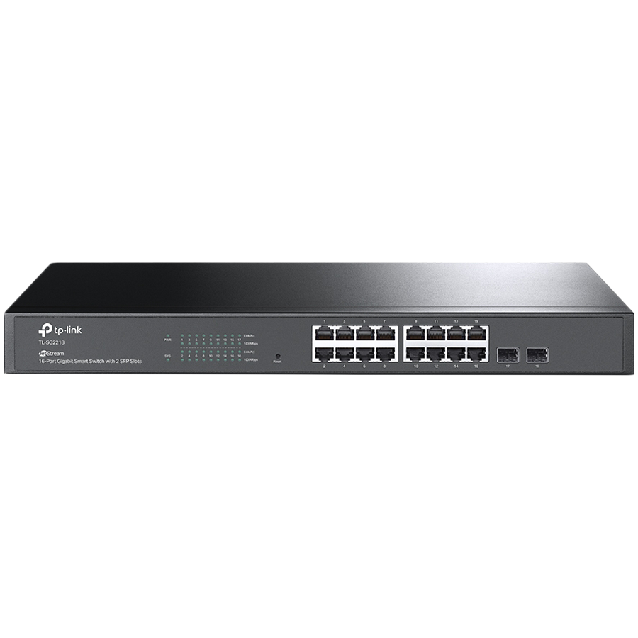 TP-Link SG2218 Omada 16-Port Gigabit Smart Switch with 2 SFP Slots, 16×G RJ45 ports and 2×G SFP slots, Fanless, Zero-Touch Provisioning, 802.1Q VLAN, STP/RSTP/MSTP, Omada App, Static Routing, Rack Mountable, 802.1p/DSCP QoS, ACL, 802.1x, CLI, SNMP TP-Link SG2218 Omada 16-Port Gigabit Smart Switch with 2 SFP Slots, 16×G RJ45 ports and 2×G SFP slots, Fanless, Zero-Touch Provisioning, 802.1Q VLAN, STP/RSTP/MSTP, Omada App, Static Routing, Rack Mountable, 802.1p/DSCP QoS, ACL, 802.1x, CLI, SNMP - Image 1