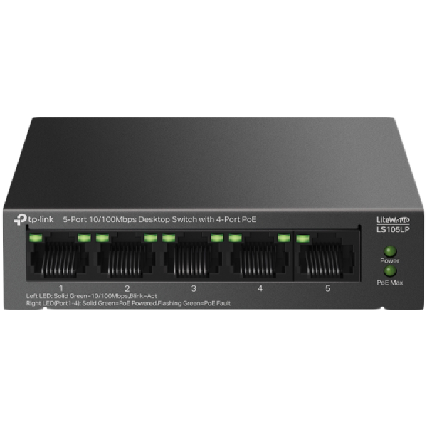 TP-Link LS105LP 5-Port 10/100 Mbps Desktop Switch with 4-Port PoE, 4× 10/100 Mbps PoE Ports, 1× 10/100 Mbps Non-PoE Port…