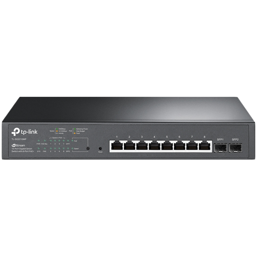 TP-Link SG2210MP Omada 10-Port Gigabit Smart Switch with 8-Port PoE+, 8× G PoE+ ports and 2× G SFP slots, 150 W total PoE budget, Omada app, Static Routing, VLAN, ACL, QoS, IGMP Snooping, Zero-Touch Provisioning, QoS Traffic Prioritization TP-Link SG2210MP Omada 10-Port Gigabit Smart Switch with 8-Port PoE+, 8× G PoE+ ports and 2× G SFP slots, 150 W total PoE budget, Omada app, Static Routing, VLAN, ACL, QoS, IGMP Snooping, Zero-Touch Provisioning, QoS Traffic Prioritization - Image 1