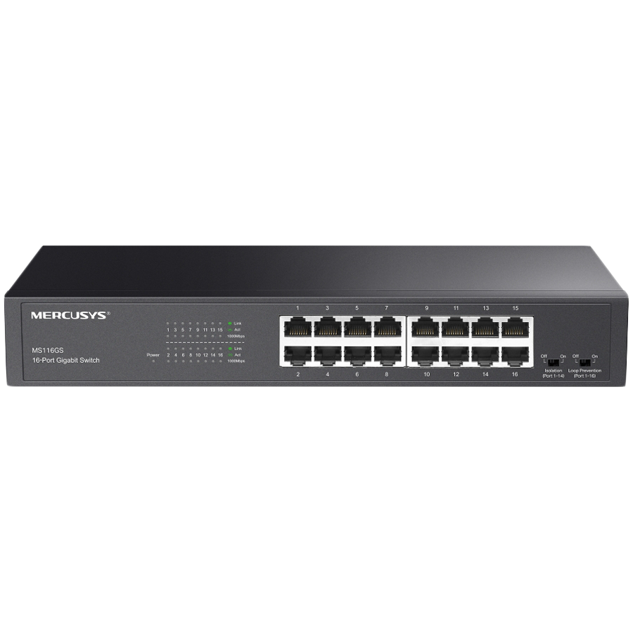 Mercusys MS116GS 16-Port Gigabit Desktop/Rackmount Switch, 16x10/100/1000 Mbps Auto-Negotiation RJ45 port supporting Auto-MDI/MDIX, Isolation Mode, Loop Prevention, Durable Metal Casing, Plug and Play Mercusys MS116GS 16-Port Gigabit Desktop/Rackmount Switch, 16x10/100/1000 Mbps Auto-Negotiation RJ45 port supporting Auto-MDI/MDIX, Isolation Mode, Loop Prevention, Durable Metal Casing, Plug and Play - Image 1