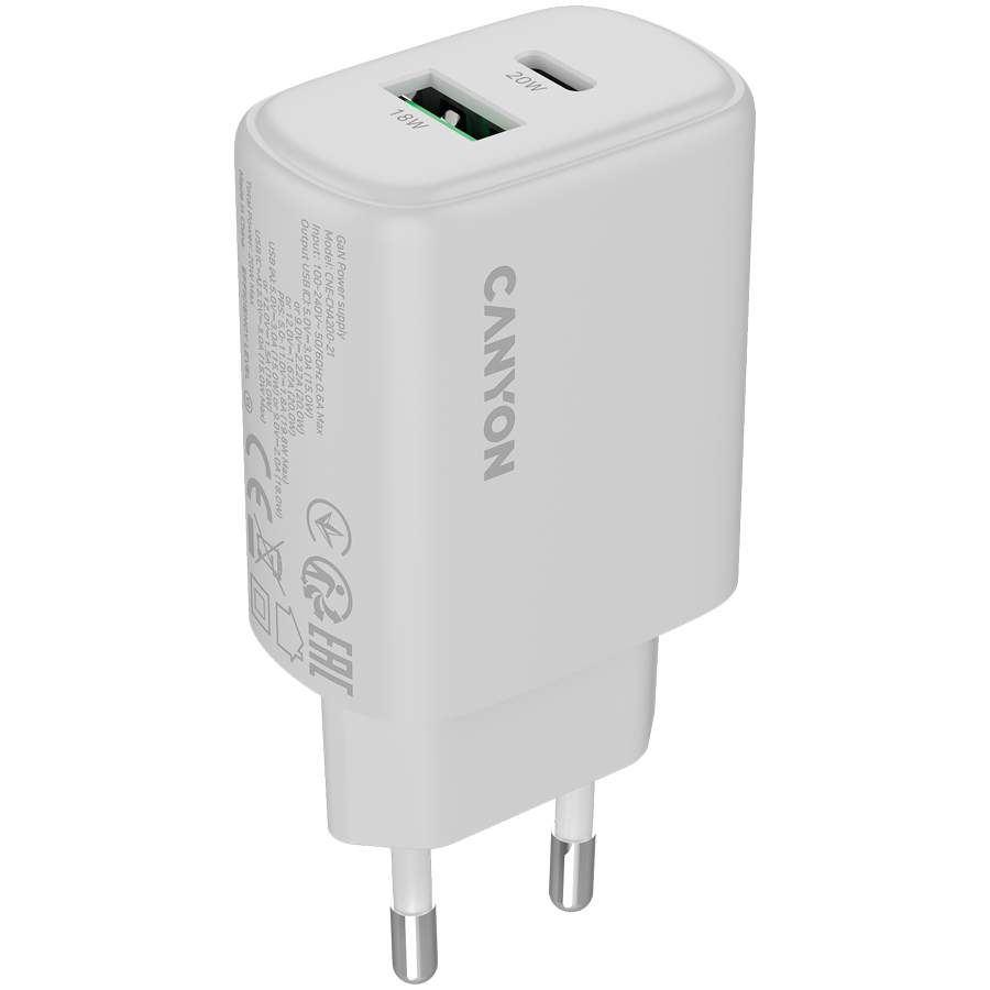 CANYON charger OnCharge 200 20W 1xPD 1xQC EU White CANYON charger OnCharge 200 20W 1xPD 1xQC EU White - Image 1