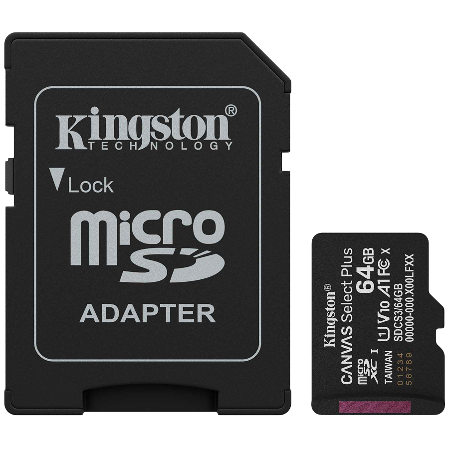 Kingston 64GB microSDXC Canvas Select Plus Gen3 100MB/s A1 Card + Adapter Kingston 64GB microSDXC Canvas Select Plus Gen3 100MB/s A1 Card + Adapter - Image 1