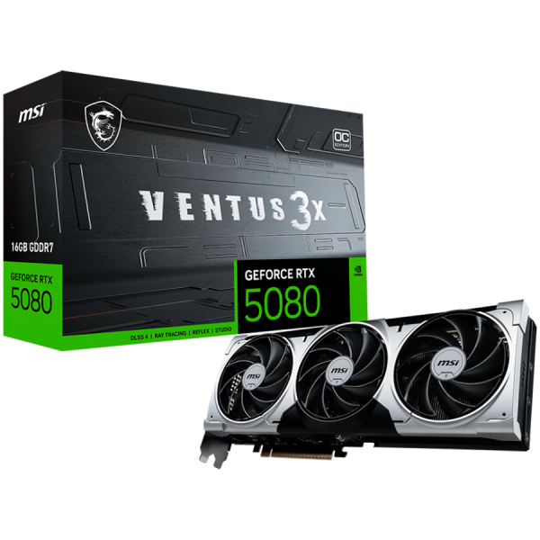 MSI Video Card Nvidia RTX 5080 16G VENTUS 3X OC PLUS (16GB GDDR7/256bit, PCI-E Gen5, 3x DP 2.1, 1x HDMI 2.1, 1x 16-pin Power…