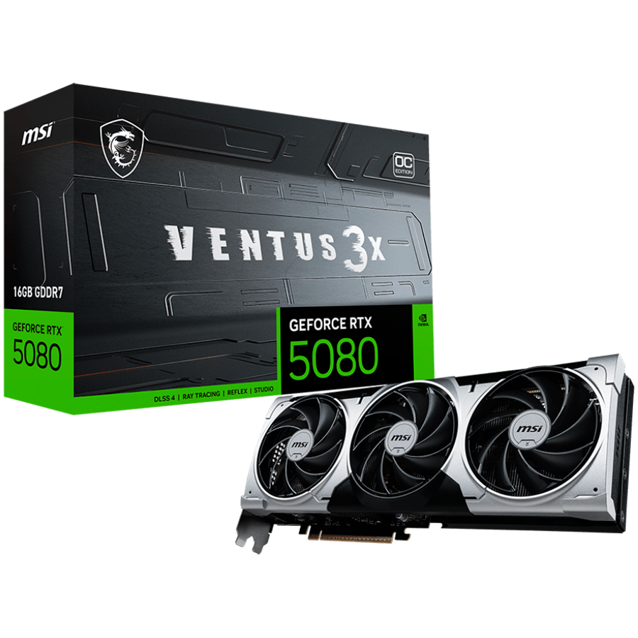 MSI Video Card Nvidia RTX 5080 16G VENTUS 3X OC PLUS (16GB GDDR7/256bit, PCI-E Gen5, 3x DP 2.1, 1x HDMI 2.1, 1x 16-pin Power Connector, 850W recommended, Retail) MSI Video Card Nvidia RTX 5080 16G VENTUS 3X OC PLUS (16GB GDDR7/256bit, PCI-E Gen5, 3x DP 2.1, 1x HDMI 2.1, 1x 16-pin Power Connector, 850W recommended, Retail) - Image 1
