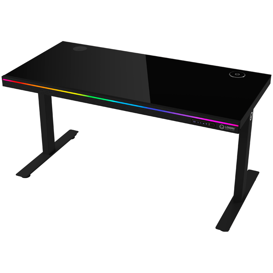 Dual-motor sit/stand adjustable-height gaming desk with wireless charger, RGB lighting, control panel, and USB ports, solid tempered glass tabletop, black. Dual-motor sit/stand adjustable-height gaming desk with wireless charger, RGB lighting, control panel, and USB ports, solid tempered glass tabletop, black. - Image 1