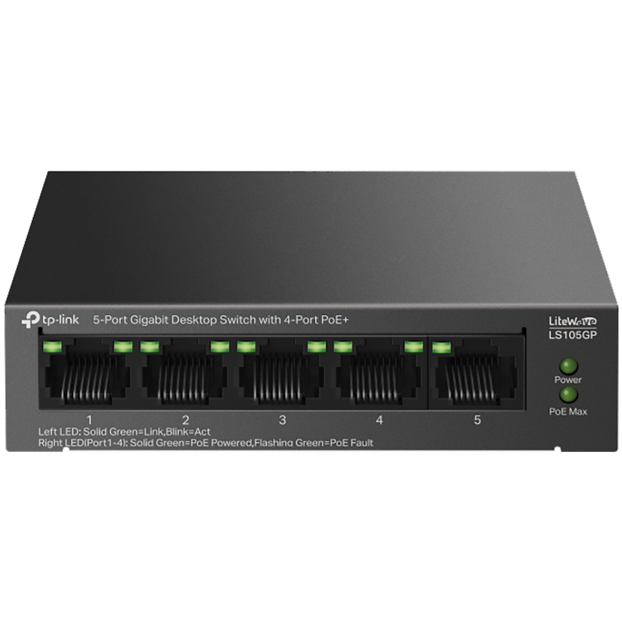 TP-Link LS105GP 5-Port Gigabit Desktop Switch with 4-Port PoE+, 4x Gigabit PoE+ Ports, 1x Gigabit Non-PoE Port, 802.3af/at, 65 W PoE Power, Desktop Steel Case, Extend Mode for 250m PoE Transmitting, PoE Auto Recovery, Plug and Play TP-Link LS105GP 5-Port Gigabit Desktop Switch with 4-Port PoE+, 4x Gigabit PoE+ Ports, 1x Gigabit Non-PoE Port, 802.3af/at, 65 W PoE Power, Desktop Steel Case, Extend Mode for 250m PoE Transmitting, PoE Auto Recovery, Plug and Play - Image 1