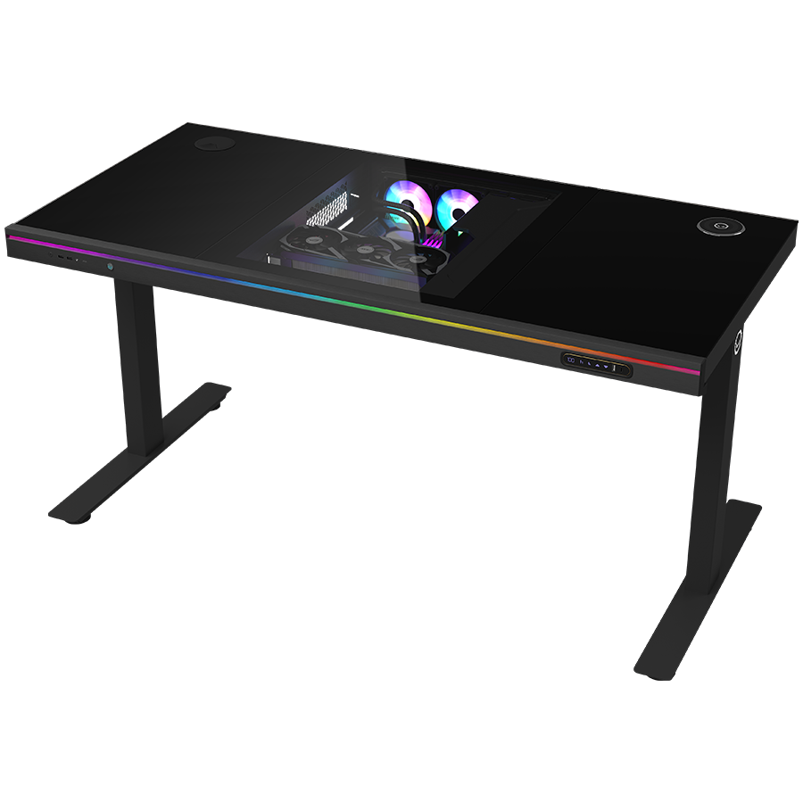 Dual-motor sit/stand adjustable-height gaming desk with built-in PC case, wireless charger, RGB lighting, control panel, and USB ports, tempered glass tabletop, black. Dual-motor sit/stand adjustable-height gaming desk with built-in PC case, wireless charger, RGB lighting, control panel, and USB ports, tempered glass tabletop, black. - Image 1