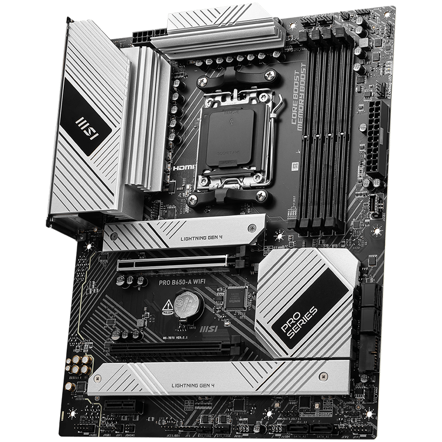 MSI PRO B650-A WIFI AM5 DDR5 AMD B650 SATA 6Gb/s 2.5G LAN Wi-Fi 6E, Bluetooth 8-Channel (7.1) HD Audio AMD Ryzen 9000 / 8000 / 7000 ATX Motherboard MSI PRO B650-A WIFI AM5 DDR5 AMD B650 SATA 6Gb/s 2.5G LAN Wi-Fi 6E, Bluetooth 8-Channel (7.1) HD Audio AMD Ryzen 9000 / 8000 / 7000 ATX Motherboard - Image 1