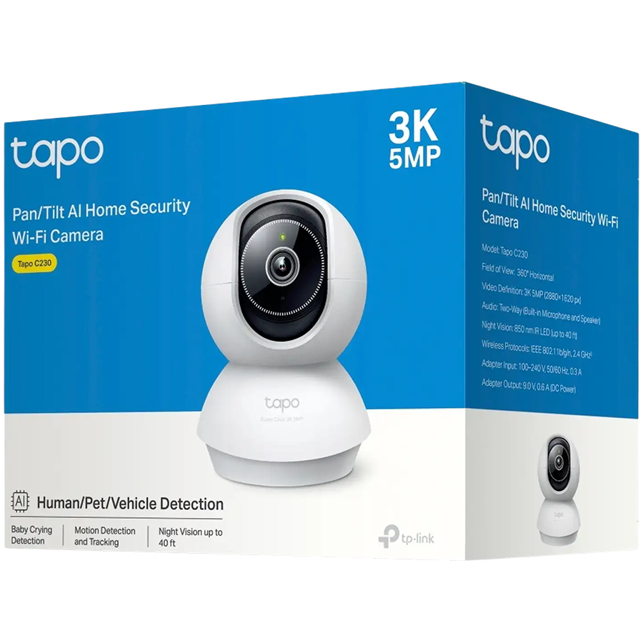 TP-Link Tapo C230 Pan/Tilt AI Home Security Wi-Fi Camera, 3K 5MP (2880x1620), 2.4 GHz, Horizontal 360, Pan/Tilt, Smart AI Detection and Notifications (motion, people, pets, cars, baby crying, abnormal sound), AI Smart Tracking, Sound and Light Alarm TP-Link Tapo C230 Pan/Tilt AI Home Security Wi-Fi Camera, 3K 5MP (2880x1620), 2.4 GHz, Horizontal 360, Pan/Tilt, Smart AI Detection and Notifications (motion, people, pets, cars, baby crying, abnormal sound), AI Smart Tracking, Sound and Light Alarm - Image 1