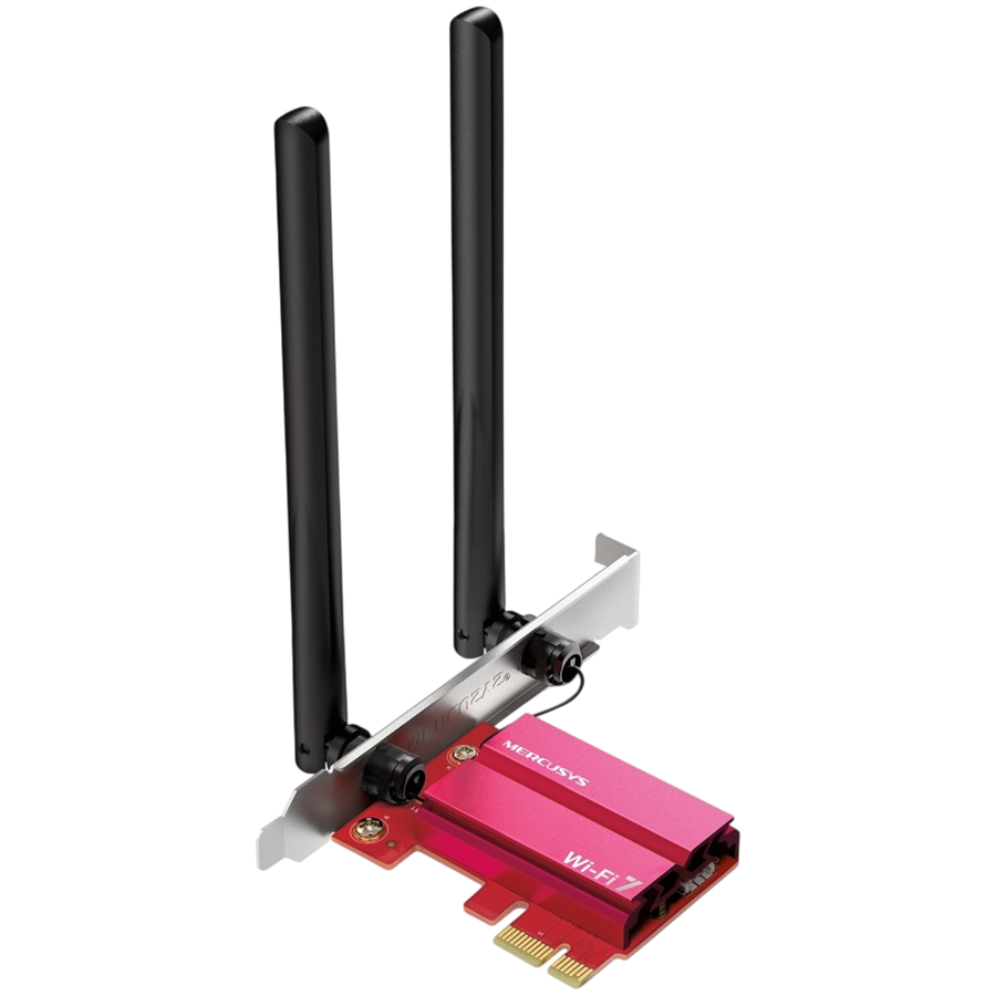 Mercusys MA37BE BE6500 WiFi 7 Bluetooth 5.4 PCIe Adapter, 2402 Mbps at 6 GHz + 2402 Mbps at 5 GHz + 574 Mbps at 2.4 GHz, 2x High Gain Tri-Band External Antennas, Wi-Fi 6E, MU-MIMO, OFDMA, 1024 QAM, HE160, WPA3, Bluetooth 5.4, Windows 11 Mercusys MA37BE BE6500 WiFi 7 Bluetooth 5.4 PCIe Adapter, 2402 Mbps at 6 GHz + 2402 Mbps at 5 GHz + 574 Mbps at 2.4 GHz, 2x High Gain Tri-Band External Antennas, Wi-Fi 6E, MU-MIMO, OFDMA, 1024 QAM, HE160, WPA3, Bluetooth 5.4, Windows 11 - Image 1