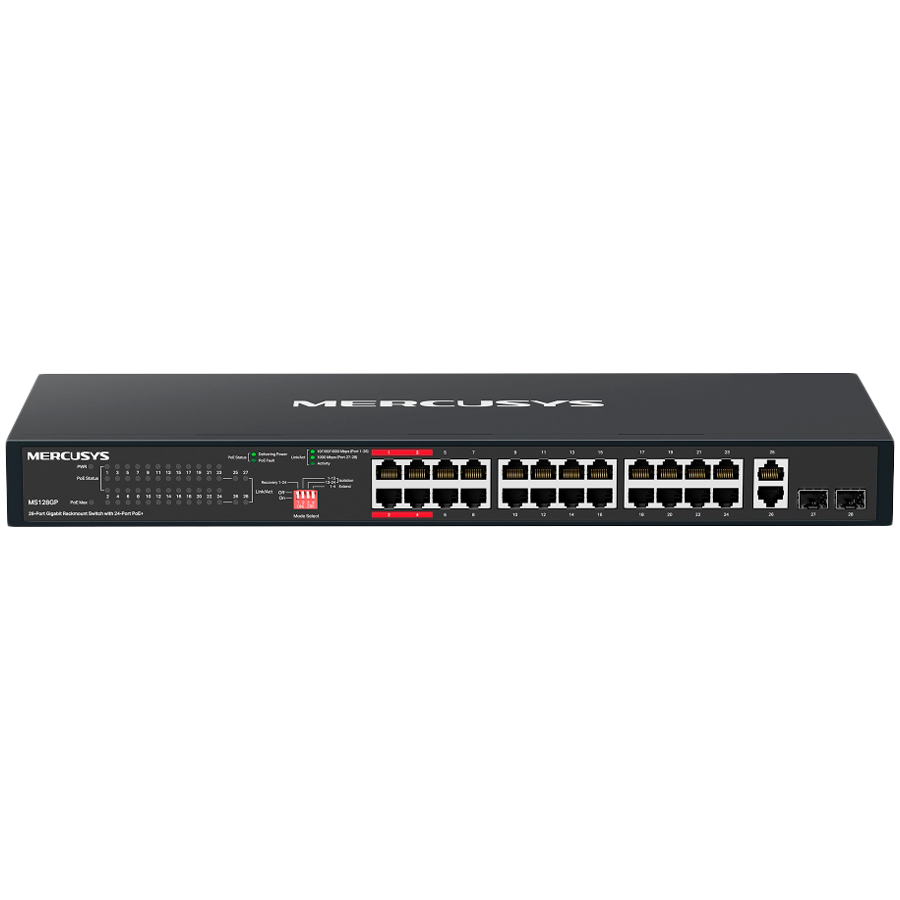 Mercusys MS128GP 28-Port Gigabit Rackmount Switch with 24-Port PoE+, 24x Gigabit PoE+ Ports, 2x Gigabit Non-PoE Ports, and 2x Gigabit SFP Slots, 295 W PoE Power, Rackmountable Steel Case, Extend Mode for 250m PoE Transmitting, Isolation Mode Mercusys MS128GP 28-Port Gigabit Rackmount Switch with 24-Port PoE+, 24x Gigabit PoE+ Ports, 2x Gigabit Non-PoE Ports, and 2x Gigabit SFP Slots, 295 W PoE Power, Rackmountable Steel Case, Extend Mode for 250m PoE Transmitting, Isolation Mode - Image 1