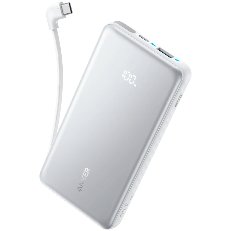 Anker Zolo Power Bank (10K, 22.5W, Built-In USB-C Cable) White, 1x USB-Cable, 1x USB-C Port, 1x USB-A Port Anker Zolo Power Bank (10K, 22.5W, Built-In USB-C Cable) White, 1x USB-Cable, 1x USB-C Port, 1x USB-A Port - Image 1