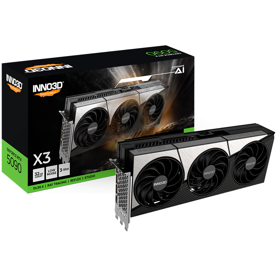 INNO3D NVIDIA RTX-5090 X3 32GB GDDR7 512bit, 2410 Mhz / 28 Gbps, 3x DP, 1x HDMI, 3 fan, 3 slot INNO3D NVIDIA RTX-5090 X3 32GB GDDR7 512bit, 2410 Mhz / 28 Gbps, 3x DP, 1x HDMI, 3 fan, 3 slot - Image 1